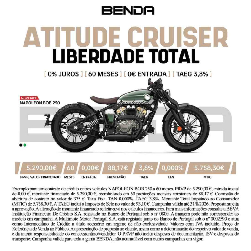 BENDA NAPOLEON BOB 250 (FINANCIAMENTO 0% JUROS)